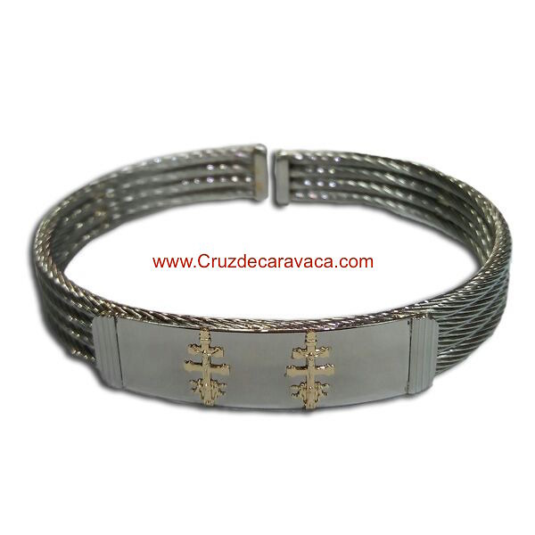 BRACELET CROSSES OF CARAVACA MAKE IN STEEL FOUR-CORD AND GOLD CROSS OF CARAVACA 