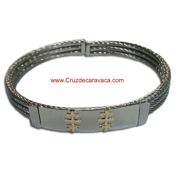 BRACELET CROSSES OF CARAVACA MAKE IN STEEL THREE-CORD AND GOLD CROSS OF CARAVACA 