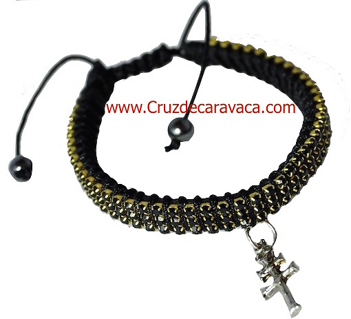 PULSERA CRUZ DE CARAVACA CON CRISTALES STRASS AJUSTABLE NEGRO 