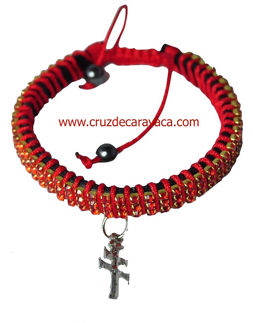 PULSERA CRUZ DE CARAVACA CON CRISTALES STRASS AJUSTABLE ROJO 