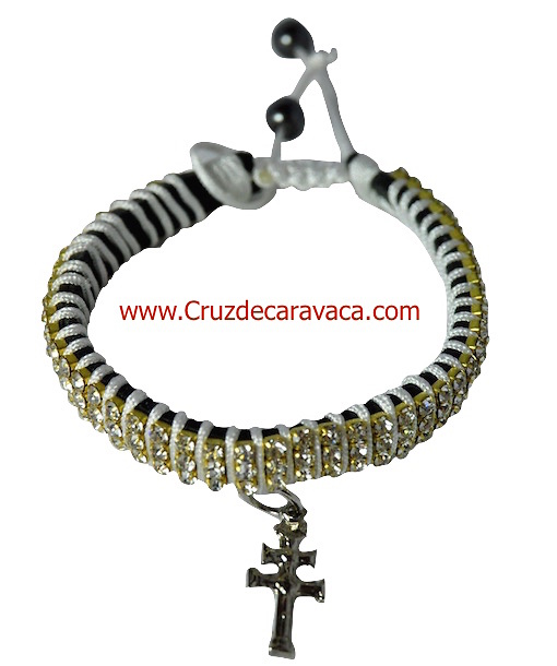 PULSERA CRUZ DE CARAVACA CON CRISTALES STRASS AJUSTABLE BLANCO 