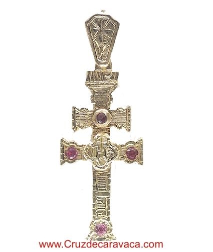 CARAVACA CROSS IN 18 KTS GOLD WITH RED, GREEN AND BLUE STONES 