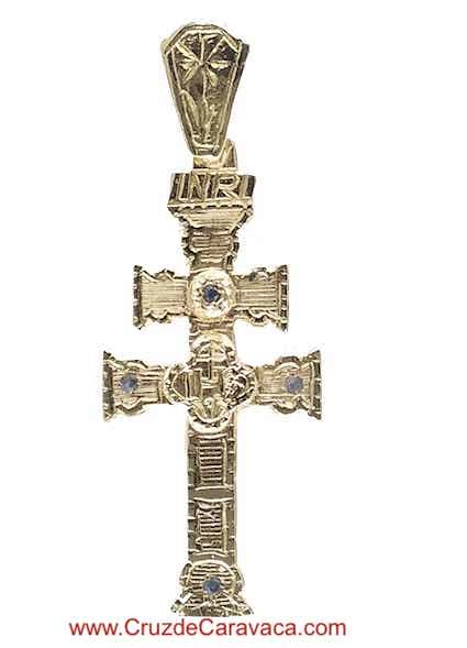 CARAVACA CROSS IN 18 KTS GOLD WITH RED, GREEN AND BLUE STONES 