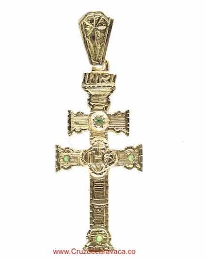 CARAVACA CROSS IN 18 KTS GOLD WITH RED, GREEN AND BLUE STONES 