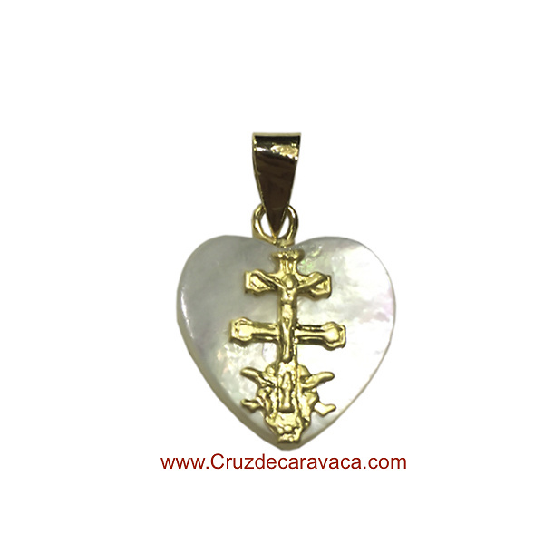 CARAVACA CROSS MEDAL GOLD AND HEART NACRE 