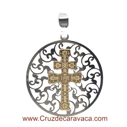 CARAVACA CROSS MEDAL IN SILVER AND SILVER GOLD PLATED MODERNIST DESIGN 