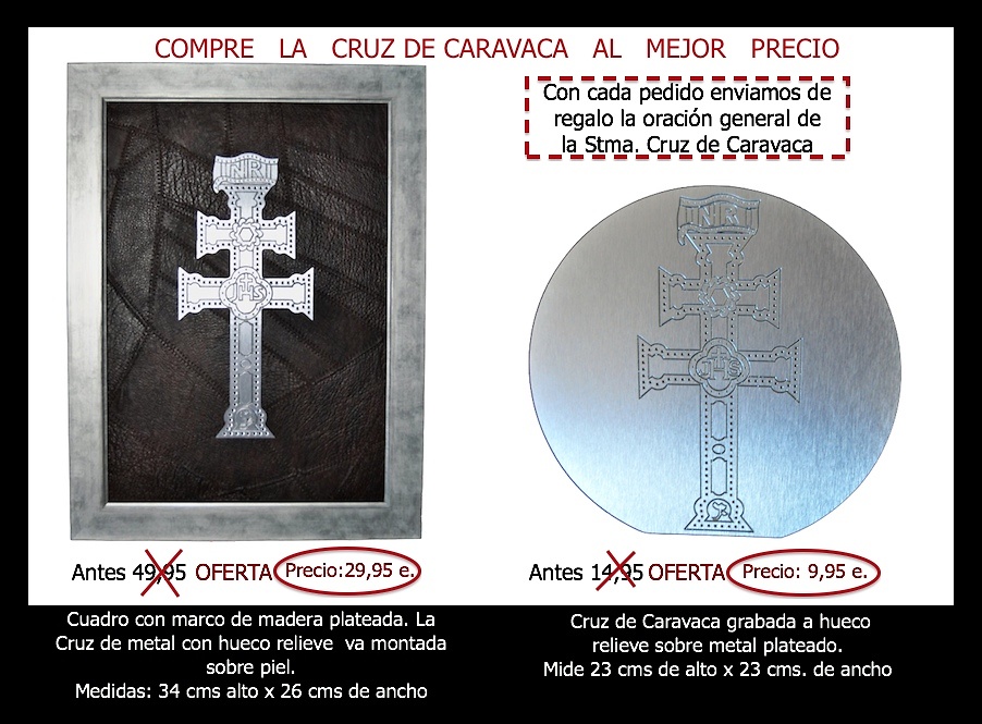 CRUZ DE CARAVACA DE METAL PLATEADO GRABADA CON HUECO RELIEVE 