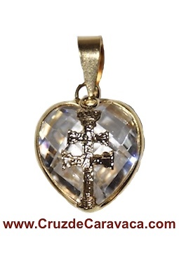 COLGANTE CRUZ DE CARAVACA EN ORO SOBRE CORAZÓN DE CRISTAL TALLADO BLANCO 