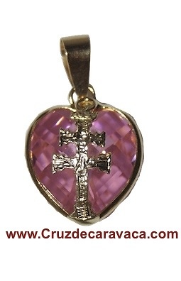 CARAVACA CROSS PENDANT IN GOLD ON CUT GLASS HEART 