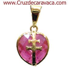 CARAVACA CROSS PENDANT ON GOLD HEART OF GLASS CUT GREAT PINK 