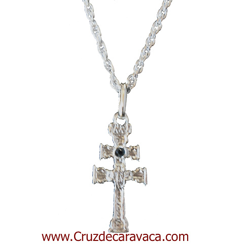 CRUZ CARAVACA EN PLATA DE LEY CON PIEDRAS DE CRISTAL TALLADO ROSA CRUZ CARAVACA CON CORDON DE PLATA 40 CMS LARGO. 