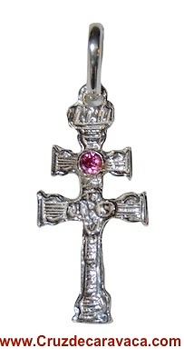 CARAVACA CROSS STERLING SILVER STONE PINK CARVED GLASS 