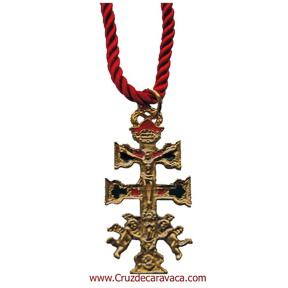 CARAVACA CROSS WITH ANGELS WITH HISTORY OF THE EMERGENCE OF THE CROSS WITH SILK CORD 