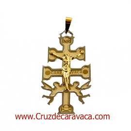 CRUZ DE CARAVACA A RELIEVE DE ORO AMARILLO Y BLANCO CON ANGELES Y CRISTO MEDIANA 