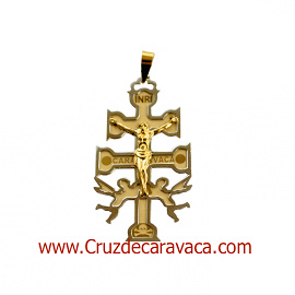 CRUZ DE CARAVACA A RELIEVE DE ORO AMARILLO Y BLANCO CON ANGELES Y CRISTO NORMAL 