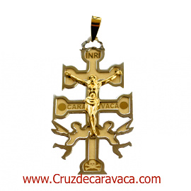 CRUZ DE CARAVACA A RELIEVE DE ORO AMARILLO Y BLANCO CON ANGELES Y CRISTO GRANDE 