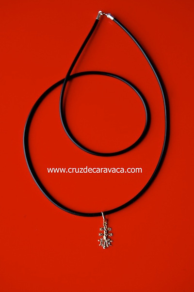 CARAVACA GOLD CROSS WITH BLACK RUBBER CORD 