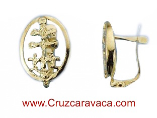 CRESCENT GOLD EARRINGS CROSS OF CARAVACA WITH ANGELS FOR WOMAN 