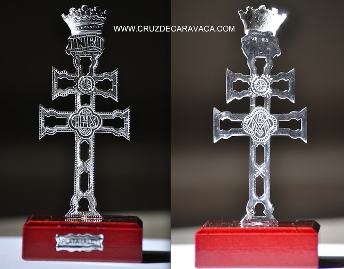 CROSS OF CARAVACA SILVER WITH WOOD STAND 