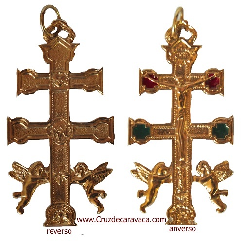 CROSS OF CARAVACA WITH ANGEL OF GOLD ENAMELED METAL SMALL 