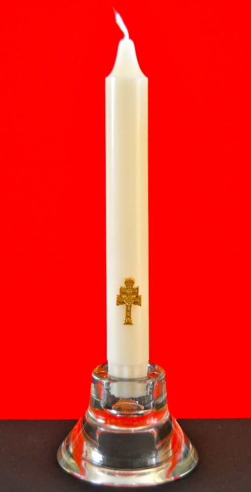 GLASS CANDLEHOLDER AND CANDLE GOLDEN CROSS CARAVACA 