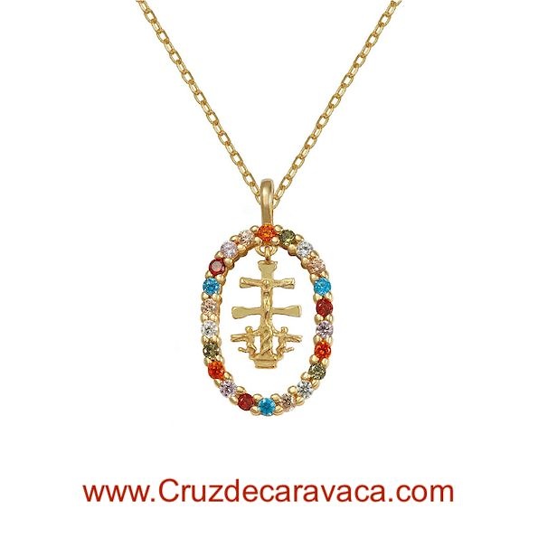 GOLD PLATED STERLING SILVER MEDAL AND CHAIN OF THE CROSS OF CARAVACA WITH COLOURED ZIRCONIAS 