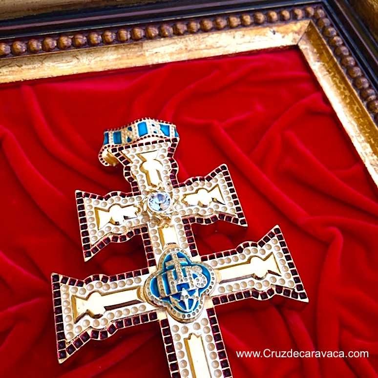GOLDEN BATH CARAVACA CROSS PICTURE WITH STONE AND ENAMELS (REPLICA) ON WOODEN FRAME 
