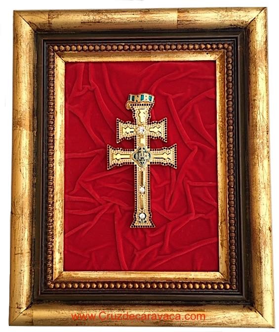 GOLDEN BATH CARAVACA CROSS PICTURE WITH STONE AND ENAMELS (REPLICA) ON WOODEN FRAME 