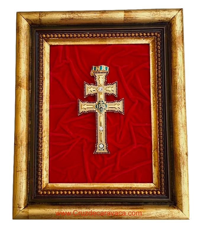 GOLDEN BATH CARAVACA CROSS PICTURE WITH STONE AND ENAMELS (REPLICA) ON WOODEN FRAME 