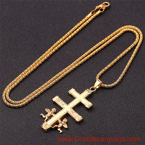 GOLDEN CARAVACA CROSS WITH ANGELS WITH MATCHED GOLDEN LACE 