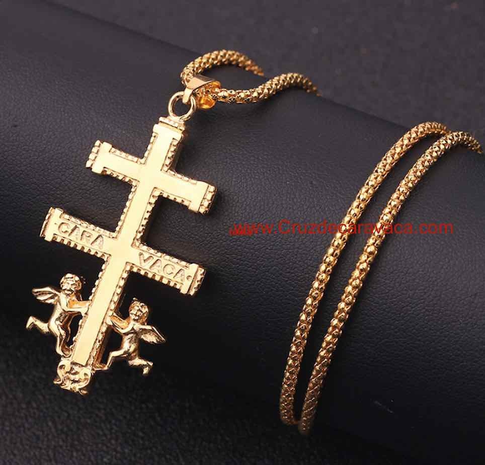 GOLDEN CARAVACA CROSS WITH ANGELS WITH MATCHED GOLDEN LACE 