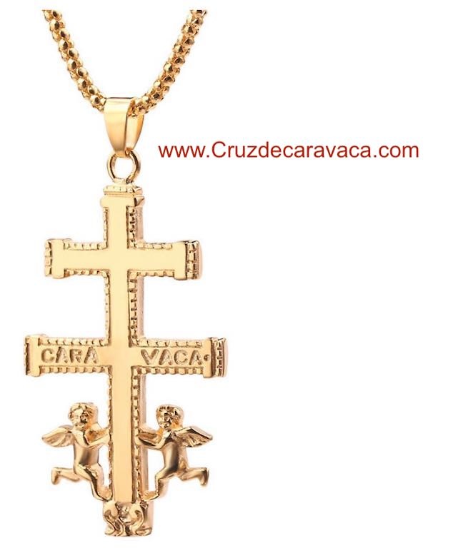 GOLDEN CARAVACA CROSS WITH ANGELS WITH MATCHED GOLDEN LACE 