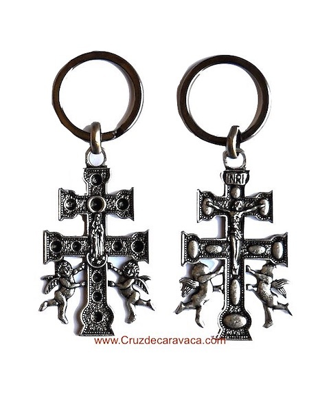 KEY CHAIN ​​WITH CROSS CARAVACA ANGELES CASTING A BIG RELIEF TO TWO FACES Double-sided large caravaca cross keychain