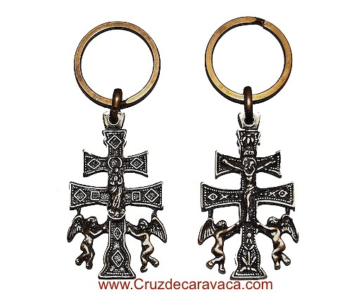 KEY CROSS CARAVACA ANGELES CASTING WITH A RELIEF TO TWO FACES Two-sided cast iron Caravaca Cross keychain