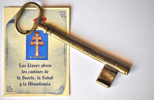 LARGE OLD WRENCH CROSS OF CARAVACA WITH MESSAGE OF LUCK, HEALTH AND LOVE 