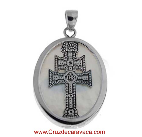 MEDAL CARAVACA CROSS MADE IN MOTHER OF PEARL AND SILVER 