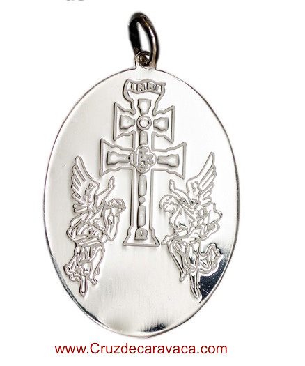 MEDAL CROSS CARAVACA WITH ANGELS SILVER OVAL 