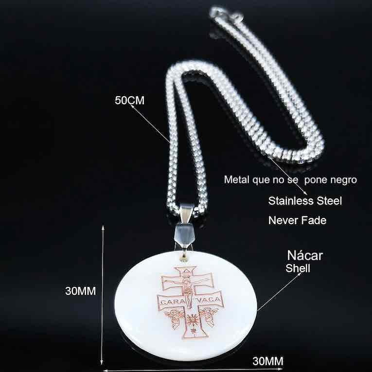MOTHER-OF-PEARL AND COPPER CROSS MEDAL SET WITH 50 CMS CHAIN. 