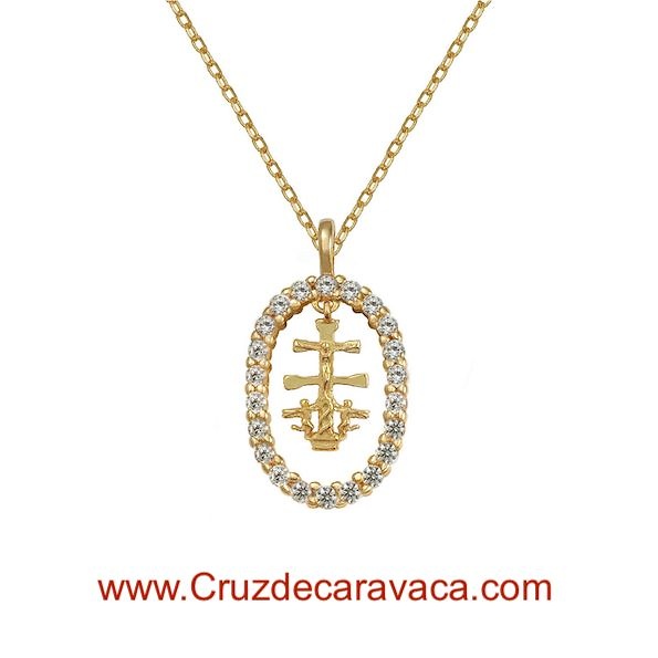 SET GOLD PLATED STERLING SILVER MEDAL AND CHAIN OF THE CROSS OF CARAVACA WITHES ZIRCONIAS 