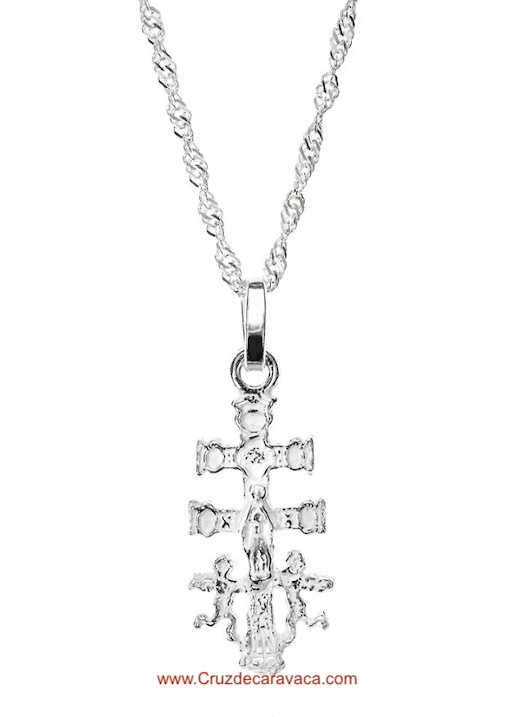 SET IN SILVER CHAIN AND MEDIAN CROSS CARAVACA WITH ANGELS 