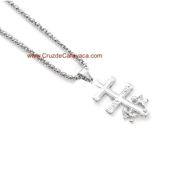 SILVER-PLATED CARAVACA CROSS WITH ANGELS AND MATCHING CORD 