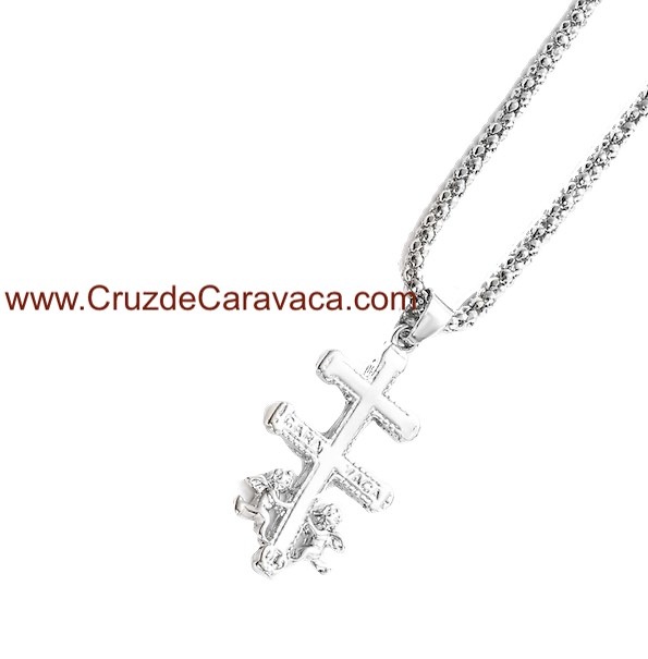 SILVER-PLATED CARAVACA CROSS WITH ANGELS AND MATCHING CORD 