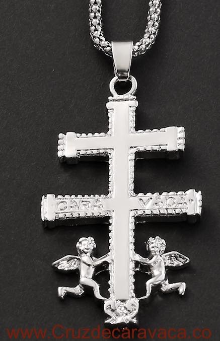 SILVER-PLATED CARAVACA CROSS WITH ANGELS AND MATCHING CORD 