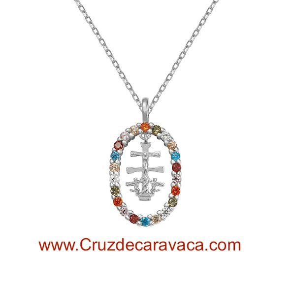 STERLING SILVER CROSS OF CARAVACA MEDAL AND CHAIN SET WITH COLORS ZIRCONIA STONES 