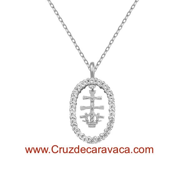 STERLING SILVER CROSS OF CARAVACA MEDAL AND CHAIN SET WITH WHITE ZIRCONIA STONES 