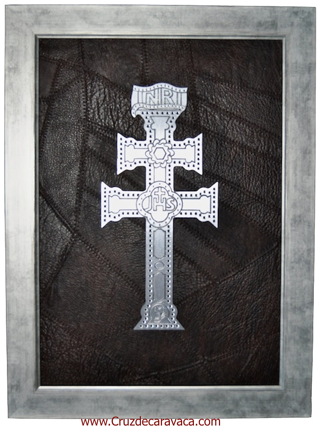 TABLE CARAVACA CROSS METAL SILVER ENGRAVED HOLLOW RELIEF 