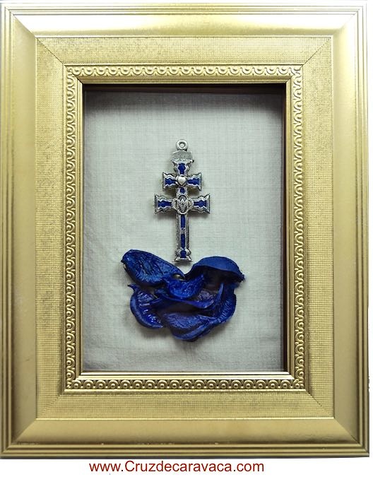 TABLE CROSS OF CARAVACA DE METAL ENAMELLED AND CARVED FRAME 
