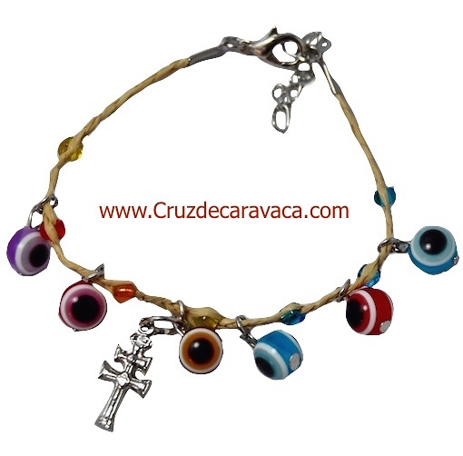 PULSERA OJO TURCO DE CRISTAL Y CRUZ DE CARAVACA CORDÓN ARTESANAL OJOS TURCOS DE VARIOS COLORES 