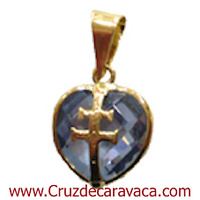 CARAVACA CROSS PENDANT IN GOLD ON CRYSTAL BLUE  HEART CUT BIG 