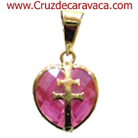 CARAVACA CROSS PENDANT ON GOLD HEART OF GLASS CUT GREAT PINK